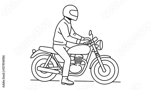 Motorcycle Rider Outline - Man with Helmet on Classic Bike Vector