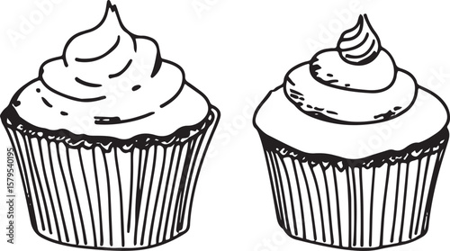 set of  hand drawn line art vector of cup cakes