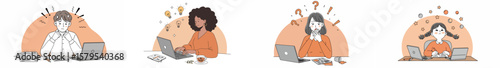 Cartoon illustration of four women working at desks with laptops in a peach-toned indoor setting