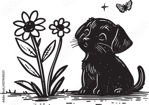   hand drawn line art vector of dog on a meadow