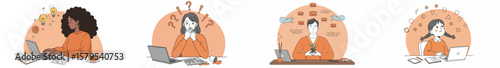 Illustration of four people working or studying in circular segments with warm earthy tones