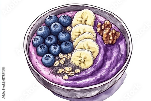 Oat porridge with banana blueberries walnuts chia seeds and almond milk for a nutritio