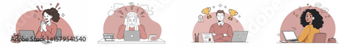 Illustration of four professionals in different work scenarios framed in semi-circular arches on a gradient pink background