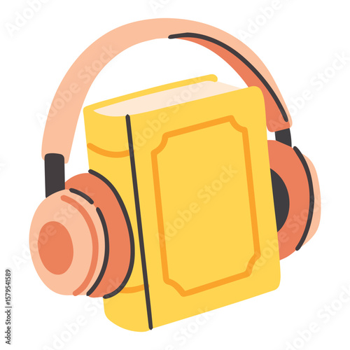 Yellow audiobook player with headphones isolated on white. Compact listening device for audio learning, education, or entertainment on the go