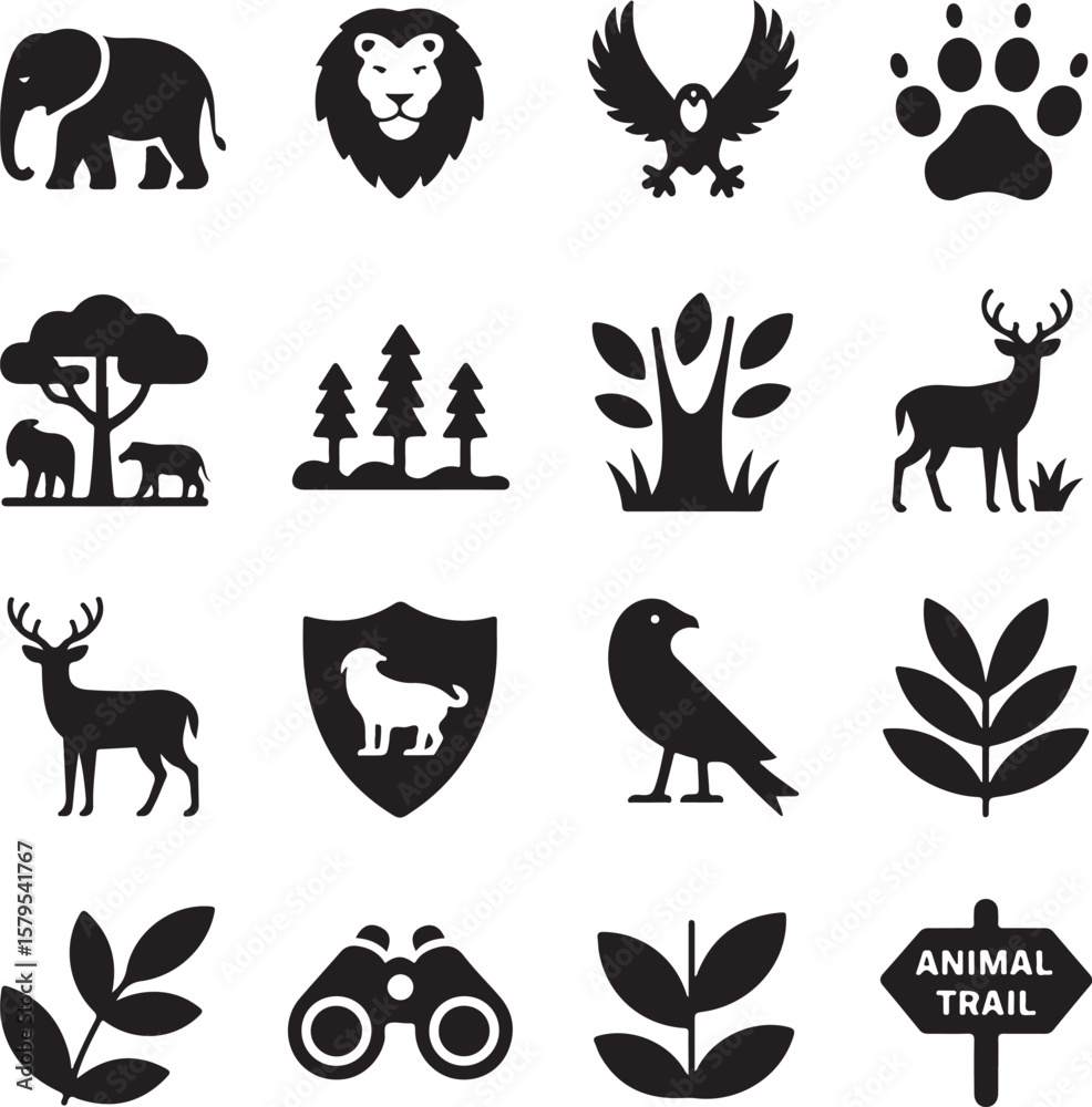 Obraz premium Wildlife Icons Elephant, Lion, Eagle, Deer, and More – Black and White Silhouette Collection