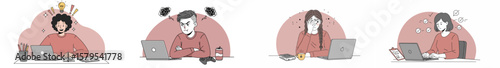 Illustration of four people in red sweaters engaged in different work-related activities against a warm pinkish-red background