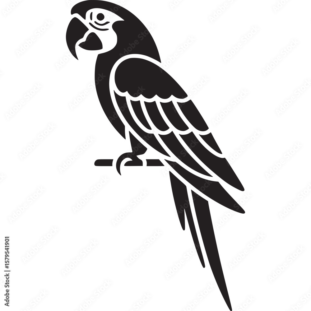 Fototapeta premium A black silhouette of a parrot perched on a branch against a white background in a simple illustration on transparent background