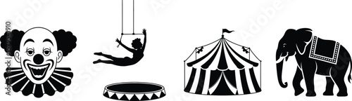 Collection of circus icons featuring a clown trapeze artist tent and elephant silhouette