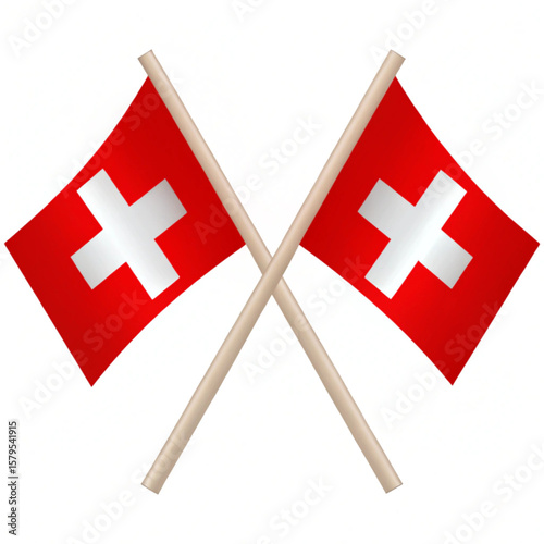 Swiss National Day Switzerland crossed two flags. Swiss flags on white background. Vector icon set. Vector illustration.

