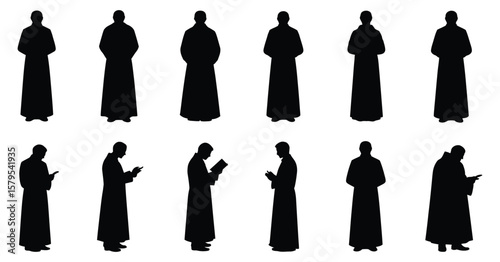Pastor silhouettes set large vector pack featuring priest figures isolated on white background