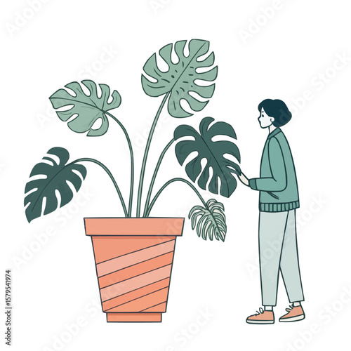 Young person caring for a Monstera plant, feeling relaxed, illustration with copy space