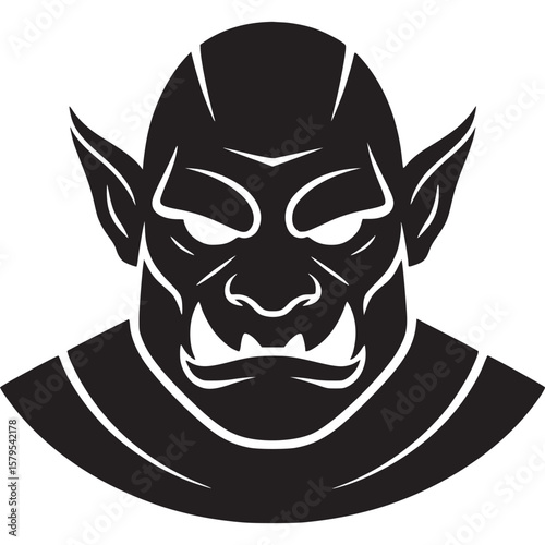 A stylized black and white illustration of an orc with pointed ears and prominent teeth on a light background on transparent background