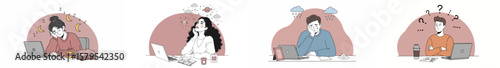Illustration of four people working or studying with laptops and coffee cups, surrounded by thought bubbles and question marks