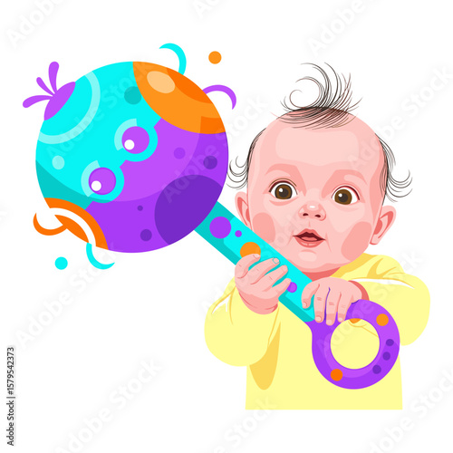 Cute Baby Holding a Bright Colorful Rattle Illustration