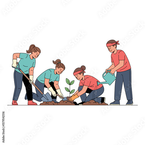 Group of Volunteers Planting a Young Tree Together