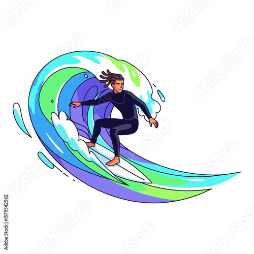 Dynamic Cartoon Surfer Riding a Vibrant Ocean Wave Illustration
