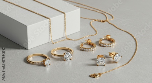 Elegant gold diamond jewelry set on a white display box