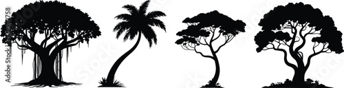 Four distinct tree silhouettes including a banyan palm and two deciduous trees