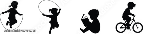 Children enjoying outdoor activities reading and playing with jump rope and bicycle silhouette