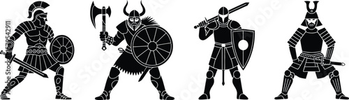 Four distinct warriors from different historical eras in silhouette