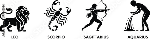 Collection of four zodiac symbols leo scorpio sagittarius aquarius silhouette