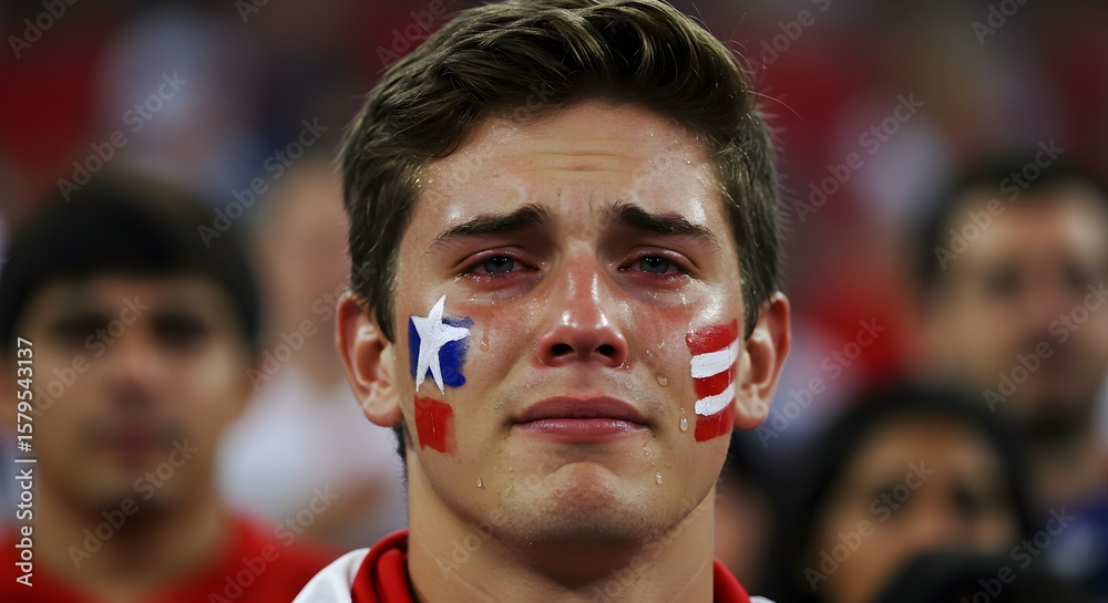 © Rodrigo Ferreira - Defeated's Tears: A dejected sports fan with face paint, his eyes filled with tears. Reflecting the raw emotion of defeat and the passion of the sport, amidst a crowd of spectators.