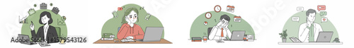 Illustration of four professionals working at desks in semi-circular green arches