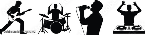 Musicians performing on stage guitar drums singer dj silhouette