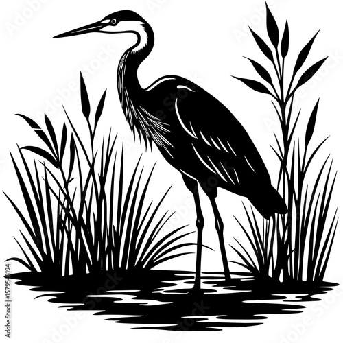 A lone heron stands still amidst tall grass, reflected in the calm, still water.