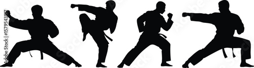 Four martial arts fighters in dynamic poses demonstrating combat techniques silhouette