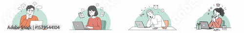 Illustration of four people working or studying in separate green arched frames