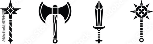 Set of four fantasy weapon icons in a clean black silhouette style