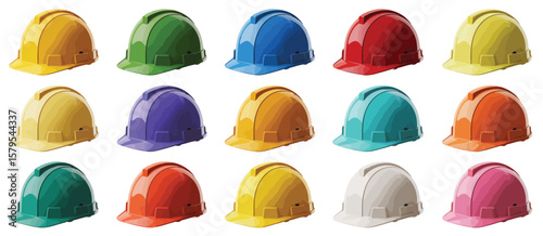 Collection of colorful hard hats for construction safety and work protection