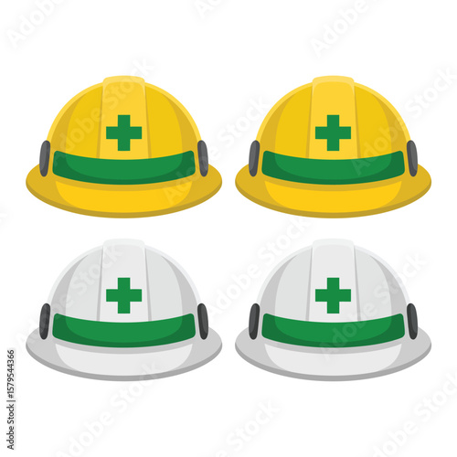Two yellow and two white safety helmets with green crosses and bands