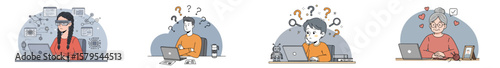 Four-panel digital illustration of people engaged in online activities with productivity and communication symbols