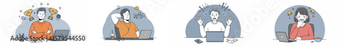 Illustration of four people using laptops in segmented scenes with expressive reactions