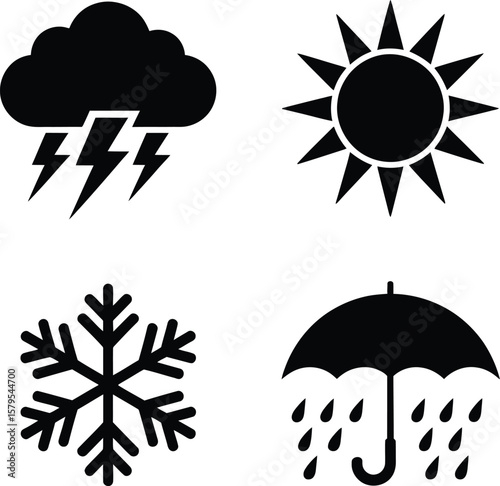 Collection of weather icons including sun cloud lightning snowflake and umbrella silhouette