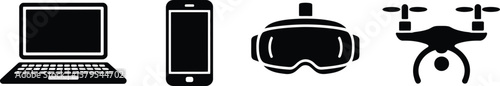 Collection of modern technology icons including laptop smartphone vr headset and drone silhouette