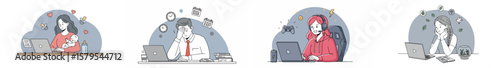 Four-panel illustration of modern work and leisure activities with semi-circular arches