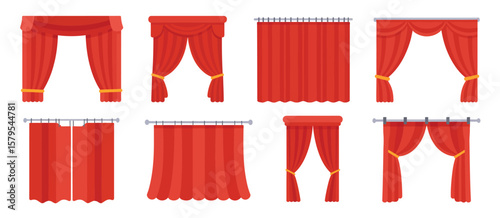 Collection of eight different styles of red stage curtains on a rod