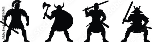 Four warrior silhouettes with swords axe and shield silhouette