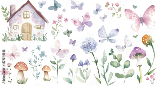 Watercolor Fairy House Butterflies Flowers and Mushrooms Border on White Background