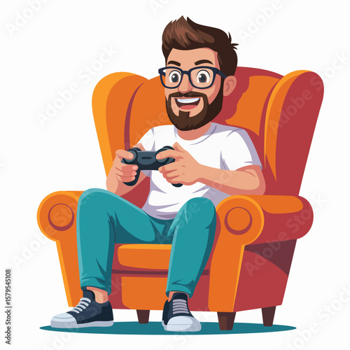 Bearded man with glasses playing video games sitting comfortably in an armchair