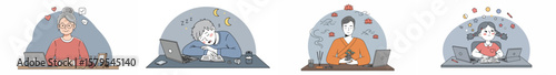 Illustration of four people working on laptops with different emotional states and icons