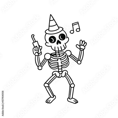 A dancing skeleton having Halloween fun kids coloring book Vector illustration