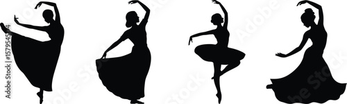 Four elegant ballet dancers in various poses performing gracefully silhouette
