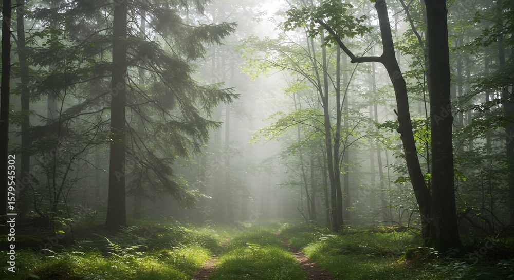 Naklejka premium Ethereal Forest Path: Sunlight Piercing Through Misty Woodland Scene