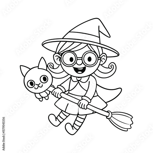 A friendly Halloween witch flying through the night sky kids coloring book Vector illustration