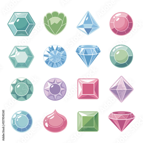 Collection of colorful faceted gemstones and jewels in various shapes and cuts
