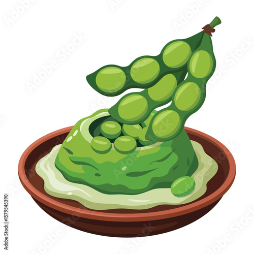 Fresh green edamame pods and beans served in a rustic bowl with creamy sauce